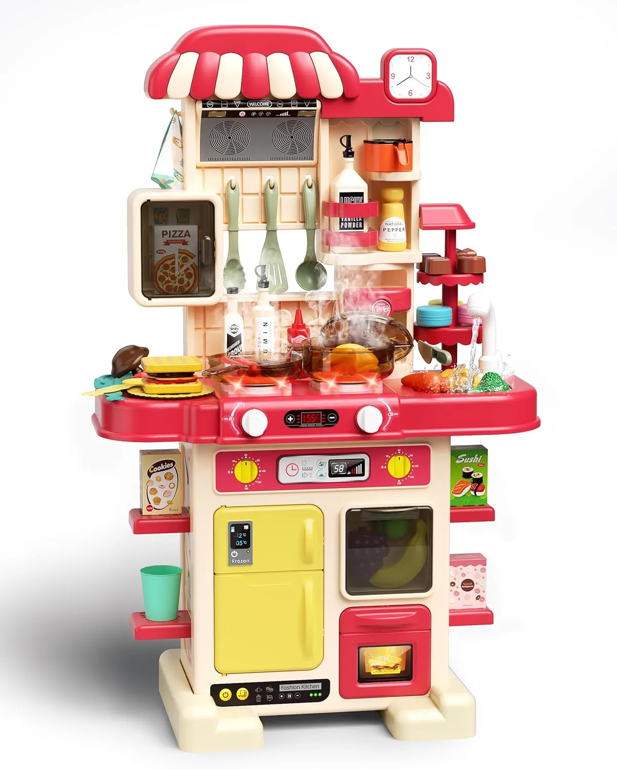 Kitchen Playset for Boys & Girls, Kid Play Kitchen with Realistic Lights & Sounds, Spray Sink Toy Kitchen Accessories, Pretend Food Toys Kitchen for Toddlers Age 1-3(Red)