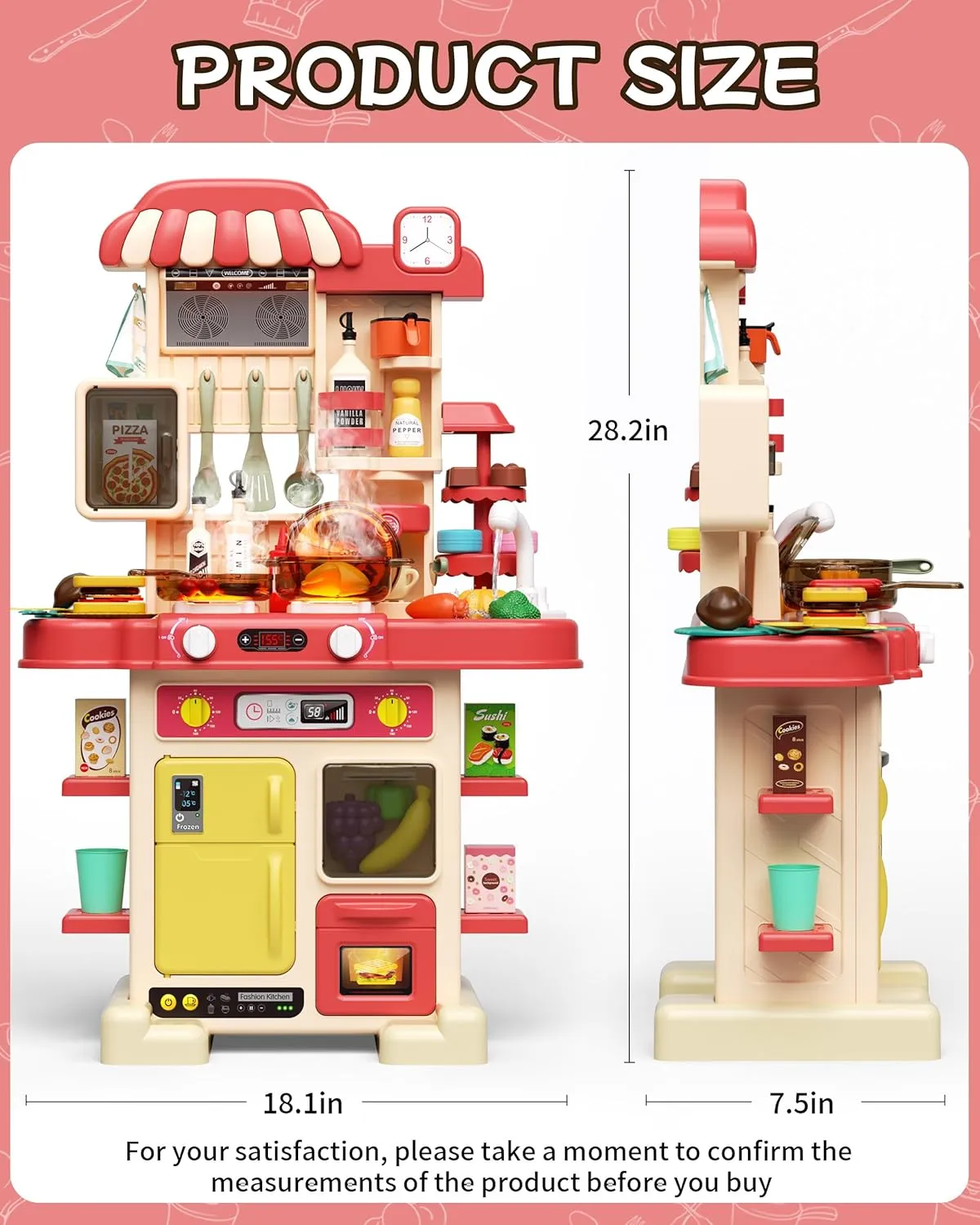 Kitchen Playset for Boys & Girls, Kid Play Kitchen with Realistic Lights & Sounds, Spray Sink Toy Kitchen Accessories, Pretend Food Toys Kitchen for Toddlers Age 1-3(Red)