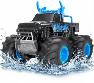 Lacchoufee 1:16 Waterproof Monster Truck Toys RC Cars, 2.4GHz Remote Control Truck for Kids Boy Ages 8,9,10,11,12 Years Old, 4WD All Terrain Off-Road with LED Lights RC Boat for Boy Girl Birthday Gift