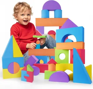 Large Building Foam Blocks for Toddlers, 30 Pieces EVA Stacking Foam Building Blocks Toy Set, Non-Toxic, Washable, Early Learning Construction Toys & Gifts for Kids Boys & Girls