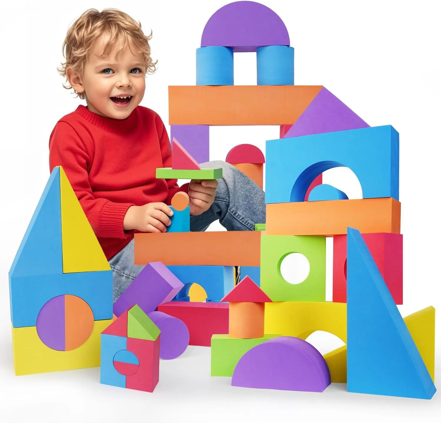 Large Building Foam Blocks for Toddlers, 30 Pieces EVA Stacking Foam Building Blocks Toy Set, Non-Toxic, Washable, Early Learning Construction Toys & Gifts for Kids Boys & Girls