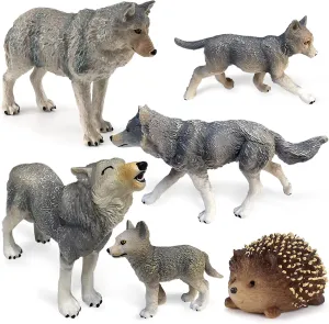 LC JoyCre Wolf Toy Figurines Set 6PCS Wolf Animals Figures Hedgehog Figure Diorama Educational Toy Cake Toppers Christmas Birthday Gift for Kids Toddlers Boys and Girls