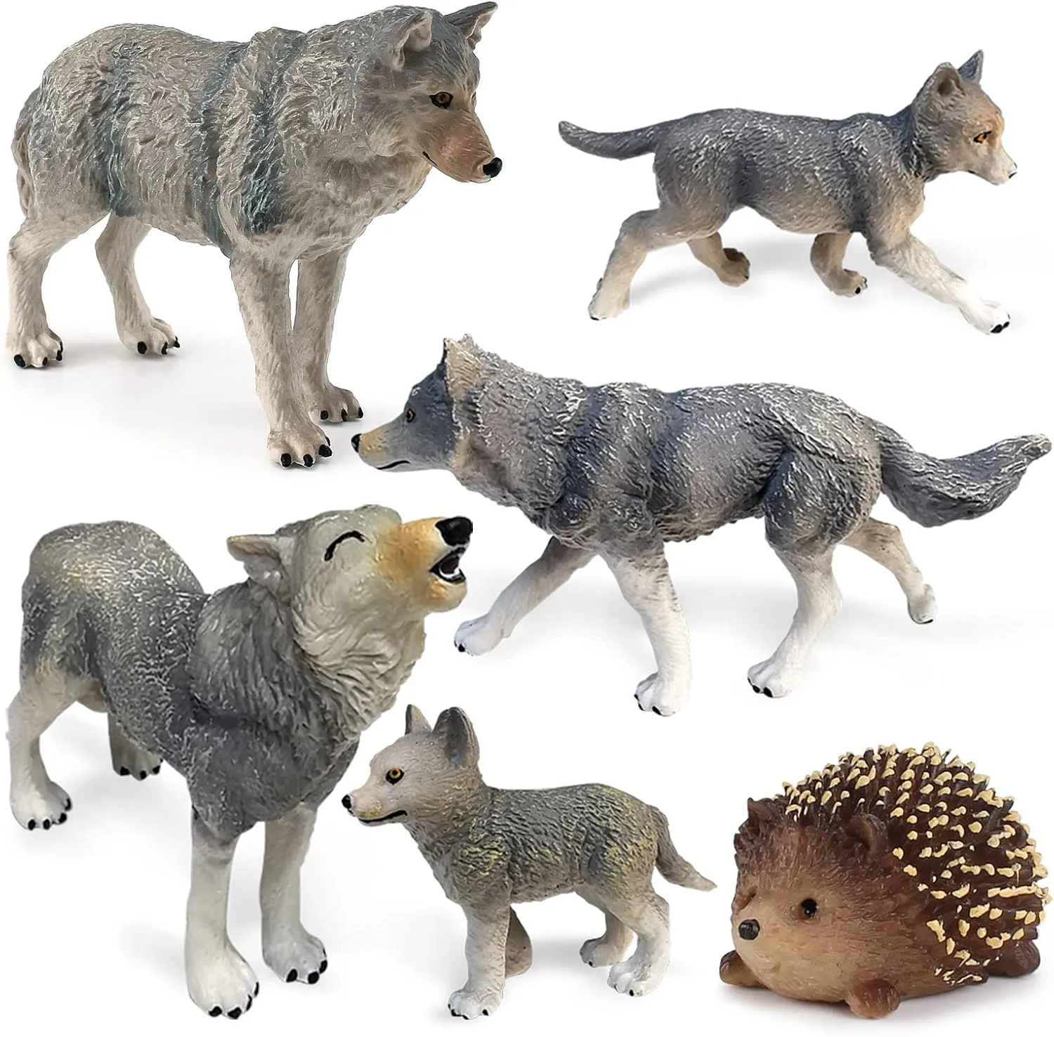 LC JoyCre Wolf Toy Figurines Set 6PCS Wolf Animals Figures Hedgehog Figure Diorama Educational Toy Cake Toppers Christmas Birthday Gift for Kids Toddlers Boys and Girls