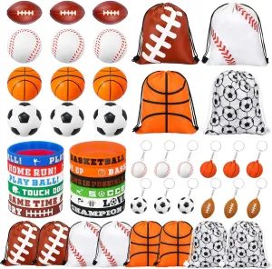 LEIFIDE 48 Pcs Basketball Soccer Football Baseball Party Favors Supplies 12 Sets Silicone Bracelet Drawstring Treat Bag Mini Stress Ball Keychains for Birthday Sports Party Supplies(Mixed Style)