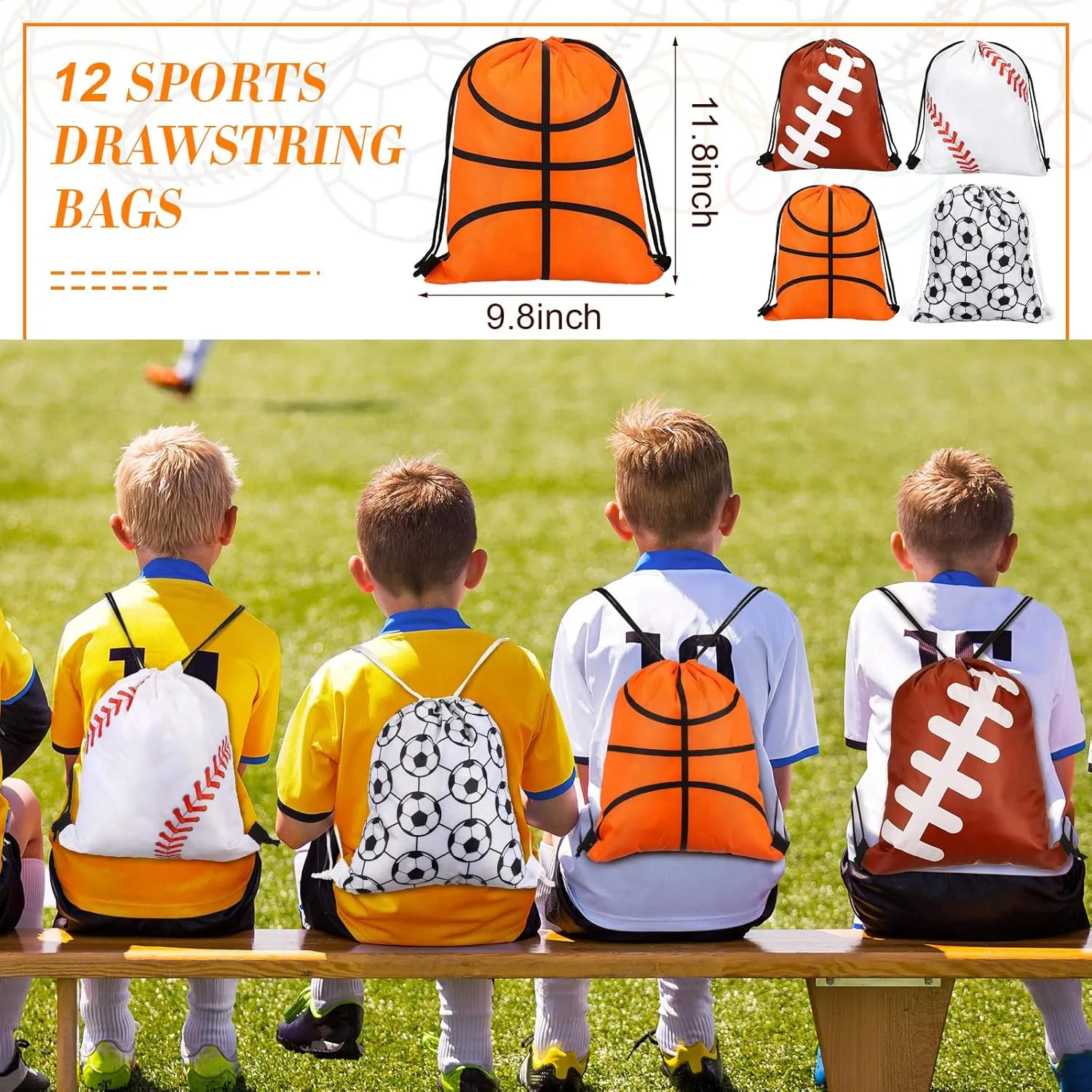 LEIFIDE 48 Pcs Basketball Soccer Football Baseball Party Favors Supplies 12 Sets Silicone Bracelet Drawstring Treat Bag Mini Stress Ball Keychains for Birthday Sports Party Supplies(Mixed Style)