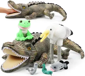 Leyndo 6 in 1 Alligator Plush Toy Set Large Crocodile Stuffed Animals Hold Plush Frog Water Bird Fish Shrimp, Interactive Educational Food Chain Toys for Kids Students Gift Birthday(Cool Style)