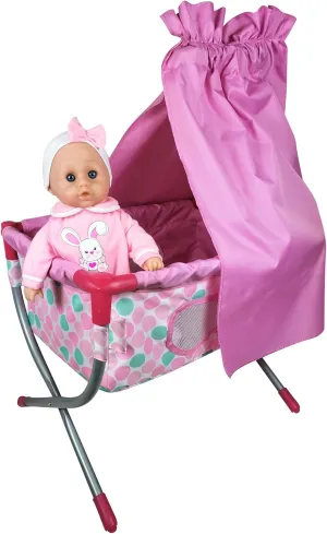 Lissi: 14" Talking Baby in Crib - Pink Bunny Outfit & Bow Headband, Dreamy Pink & Teal Canopy, Interactive Pretend Play Toy, Kids Ages 3 