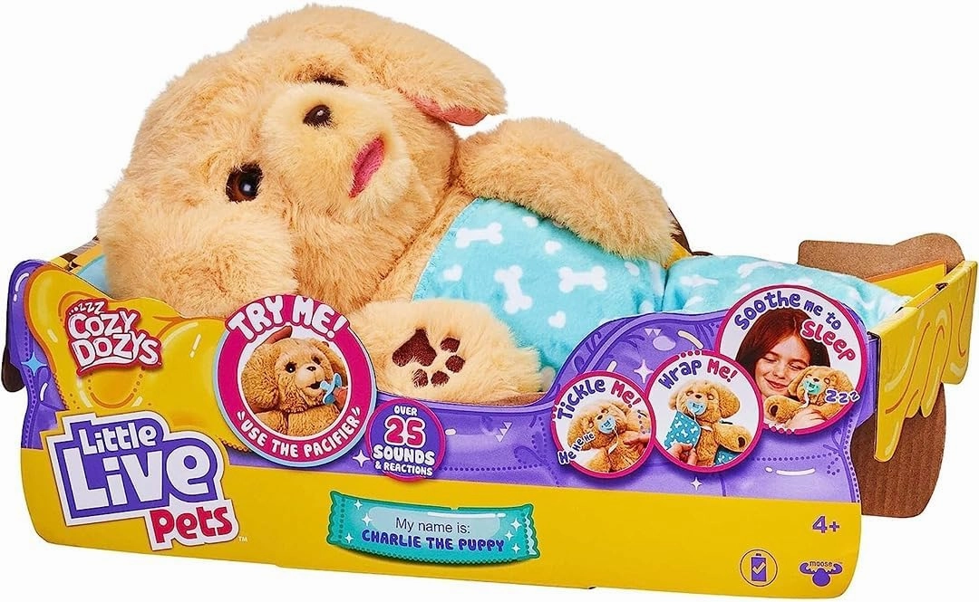 Little Live Pets - Cozy Dozys: Charlie The Puppy | Interactive Plush Toy Dog. 25  Sounds and Reactions. Magical Eye Movement. Blanket, Pacifier and Batteries Included. for Kids Ages 4 .