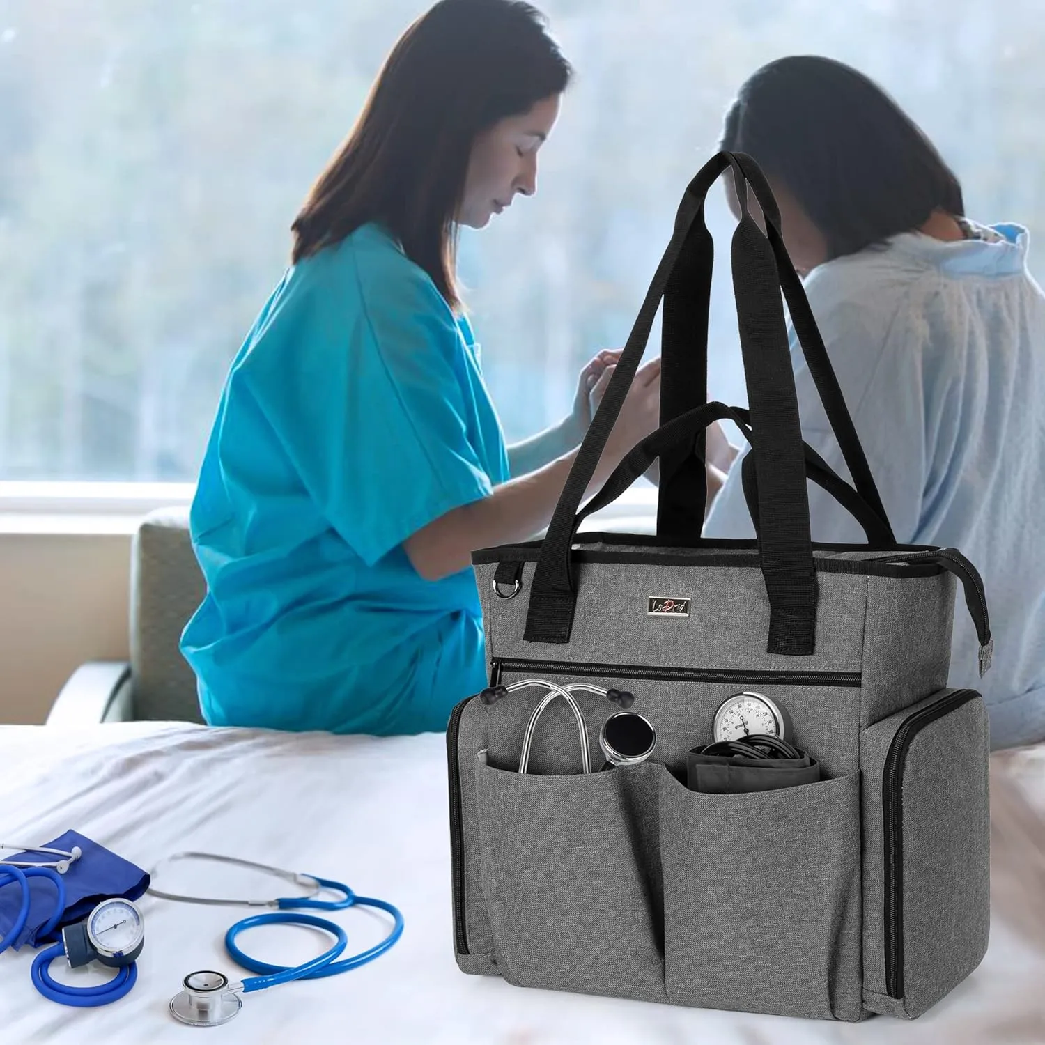 LoDrid Nurse Bag with Bottom Padded Pad, Medical Work Tote with 15.6” Laptop Storage Layer, Home Visiting Nurse Tote for RN, PA, LPN, EMT, CNA, Gray, Bag Only
