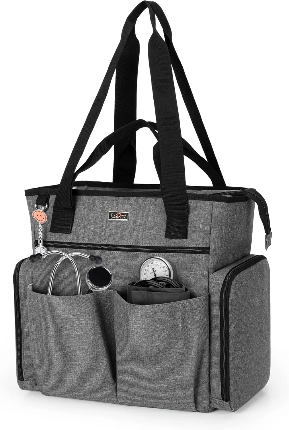 LoDrid Nurse Bag with Bottom Padded Pad, Medical Work Tote with 15.6” Laptop Storage Layer, Home Visiting Nurse Tote for RN, PA, LPN, EMT, CNA, Gray, Bag Only