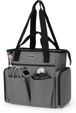 LoDrid Nurse Bag with Bottom Padded Pad, Medical Work Tote with 15.6” Laptop Storage Layer, Home Visiting Nurse Tote for RN, PA, LPN, EMT, CNA, Gray, Bag Only