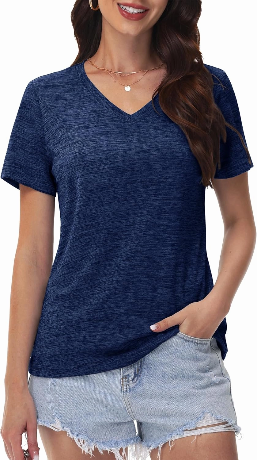 MAGCOMSEN Workout Tops for Women UPF 50  Quick Dry Short Sleeve Sun Protection V-Neck Shirts Lightweight Hiking T Shirts