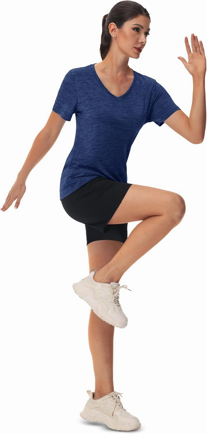 MAGCOMSEN Workout Tops for Women UPF 50  Quick Dry Short Sleeve Sun Protection V-Neck Shirts Lightweight Hiking T Shirts