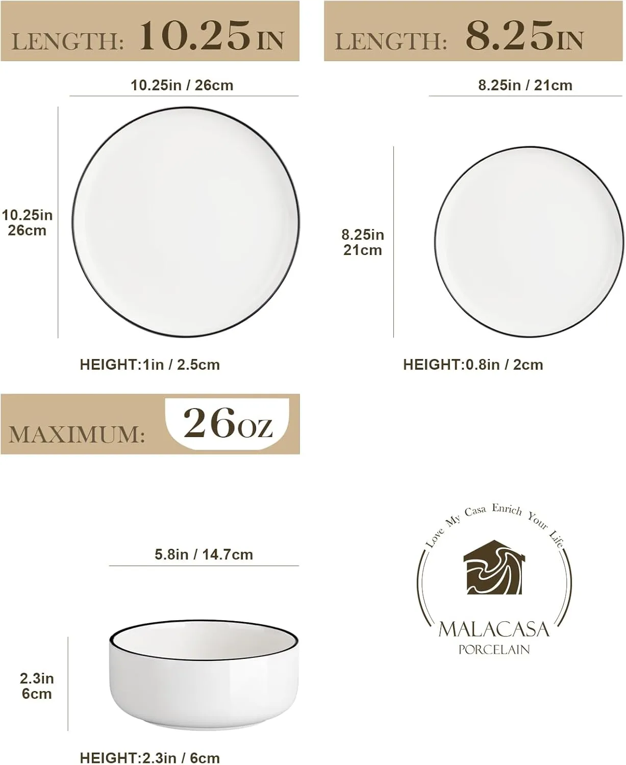 MALACASA Plates and Bowls Sets, 12 Pieces Modern Porcelain Dinnerware Set for 4 White Kitchen Dinner Dining Ware Set wtih Black Rim Ceramic Dishware Dishes Microwave and Dishwasher Safe, Series LUNA