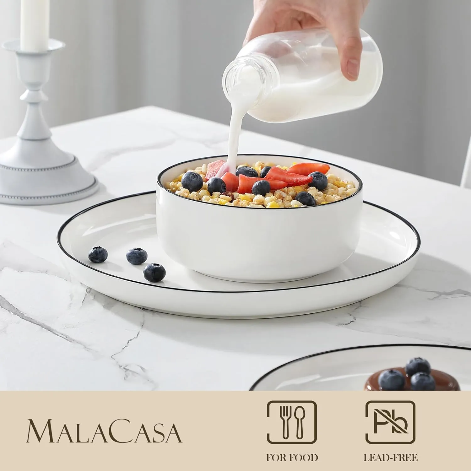 MALACASA Plates and Bowls Sets, 12 Pieces Modern Porcelain Dinnerware Set for 4 White Kitchen Dinner Dining Ware Set wtih Black Rim Ceramic Dishware Dishes Microwave and Dishwasher Safe, Series LUNA