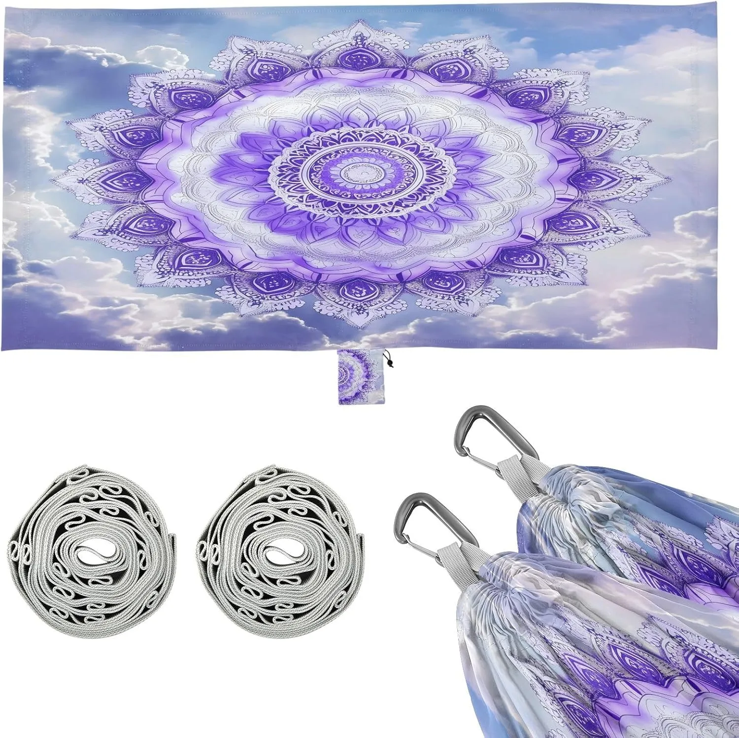 Mandala Design Purple Camping Hammock Single Portable Hammocks 330 lbs Capacity with 2 Tree Straps and Attached Carry Bag,Perfect for Outdoor,Indoor,Beach,Camping,Travel