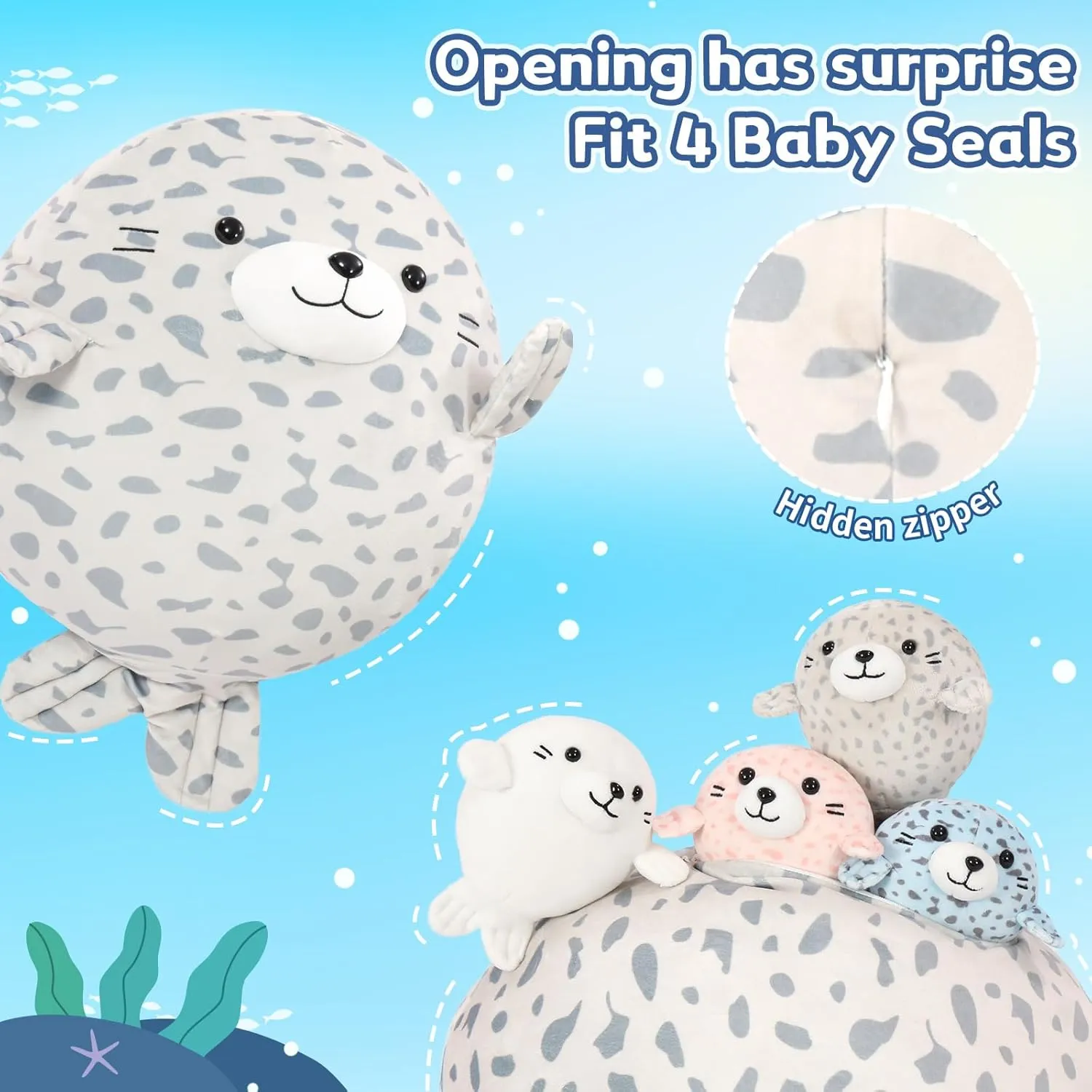 MaoGoLan Chubby Blob Seal Pillow Plush,20" Giant Seal Stuffed Animals with 4 Babies Inside,Ultra Soft Stuffed Throw Pillow for Kids,Girls,Boys
