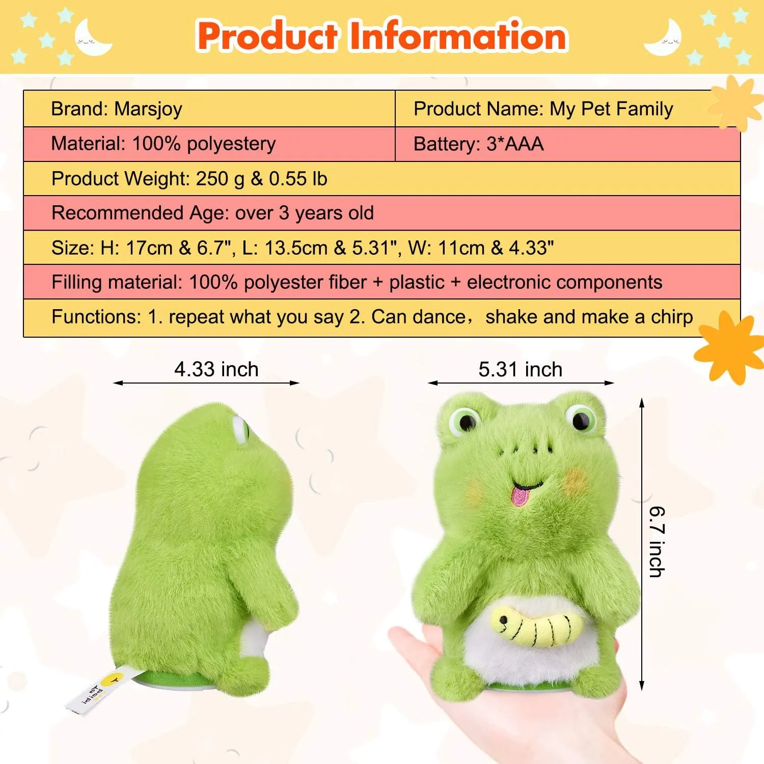 Marsjoy Frog Speaking Plush Stuffed Animal Interactive Talking Pet Toy Repeat What You Say Repeating Frog Electronic Pet, Dancing and Shaking Robotic Recording Toy, Animated Toy Pet