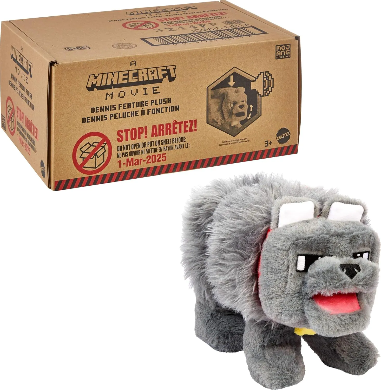 Mattel Minecraft Interactive Plush Toy with Sound & Moving Mouth, Dennis The Wolf Stuffed Animal Inspired by A Minecraft Movie