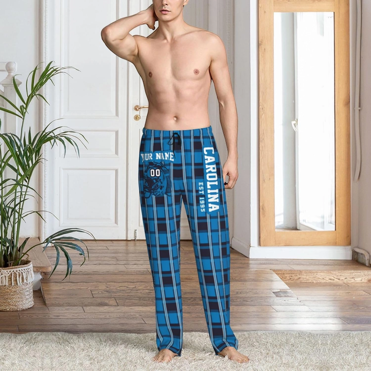 Men's Plaid Pajama Pants Custom Name Number Comfy Drawstring Pajama Lounge Sleep Pants with Pockets