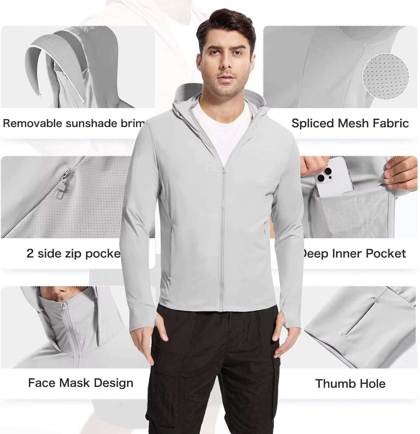 Men's UPF 50  Sun Protection Shirts Cooling SPF Hoodie Jacket Pocket Long Sleeve UV Clothing for Fishing Hiking