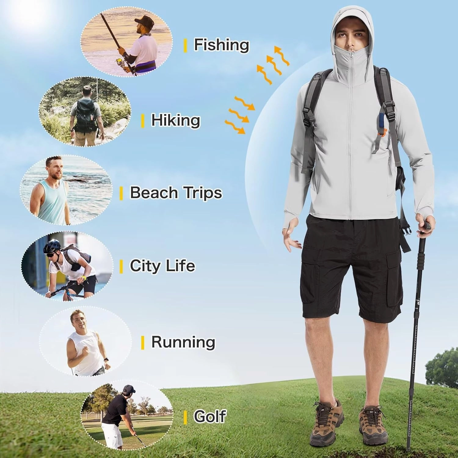 Men's UPF 50  Sun Protection Shirts Cooling SPF Hoodie Jacket Pocket Long Sleeve UV Clothing for Fishing Hiking