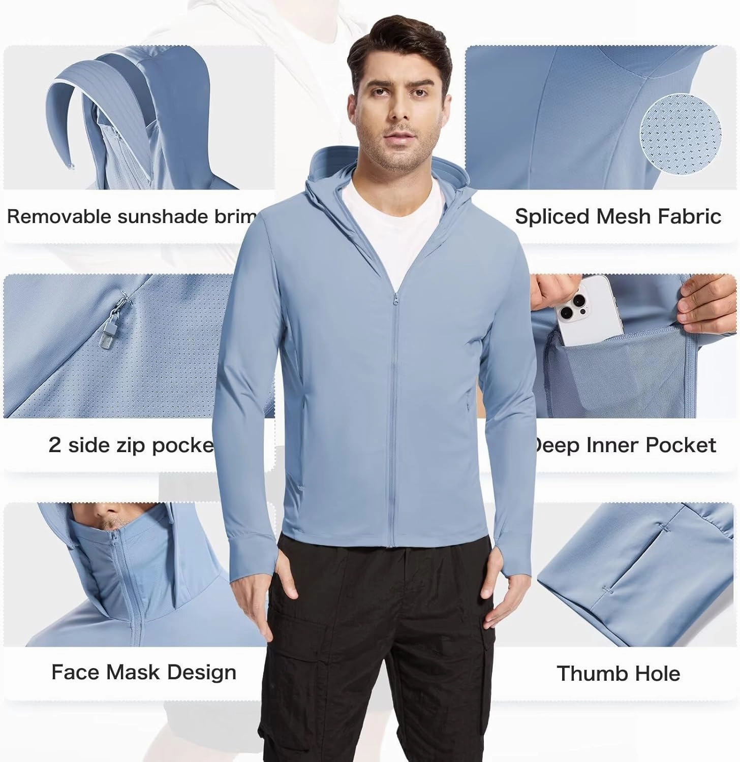 Men's UPF 50  Sun Protection Shirts Cooling SPF Hoodie Jacket Pocket Long Sleeve UV Clothing for Fishing Hiking