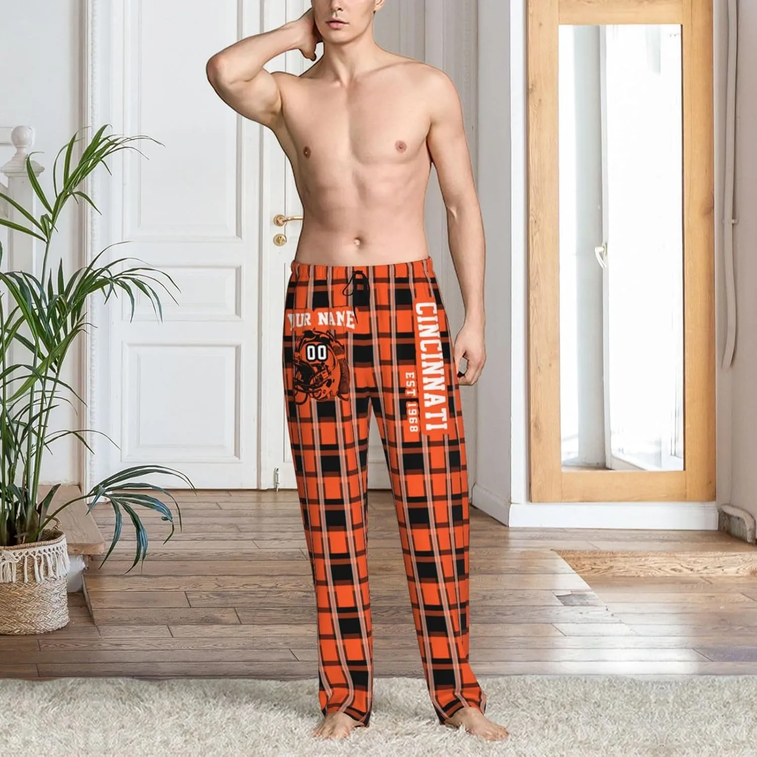 Men's Plaid Pajama Pants Custom Name Number Comfy Drawstring Pajama Lounge Sleep Pants with Pockets