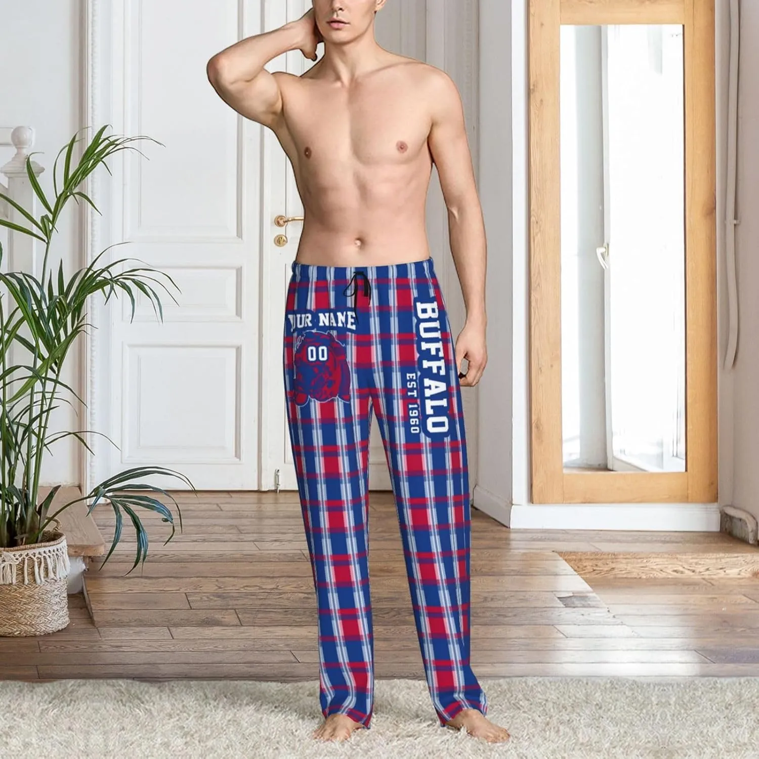 Men's Plaid Pajama Pants Custom Name Number Comfy Drawstring Pajama Lounge Sleep Pants with Pockets