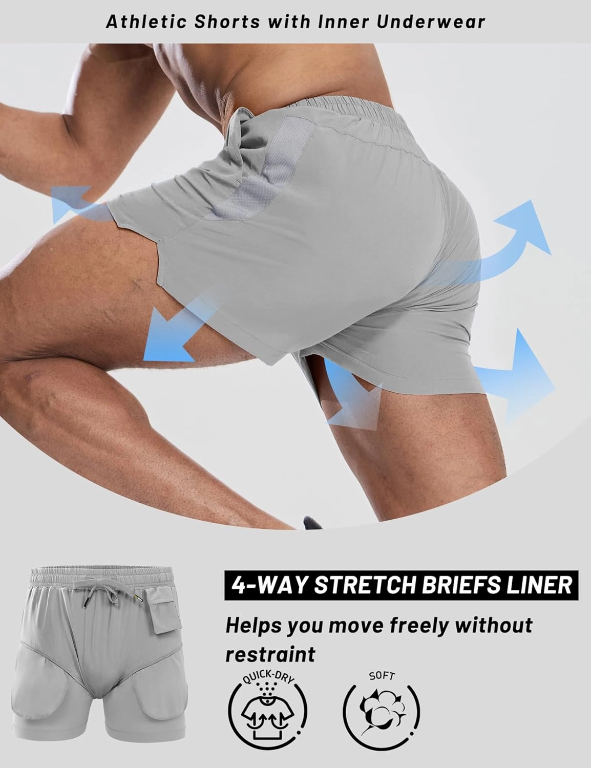 MIER Mens 3 Inch Shorts for Athletic Running Dry Fit Lightweight Workout Gym Active Shorts with Brief Liner, Pockets