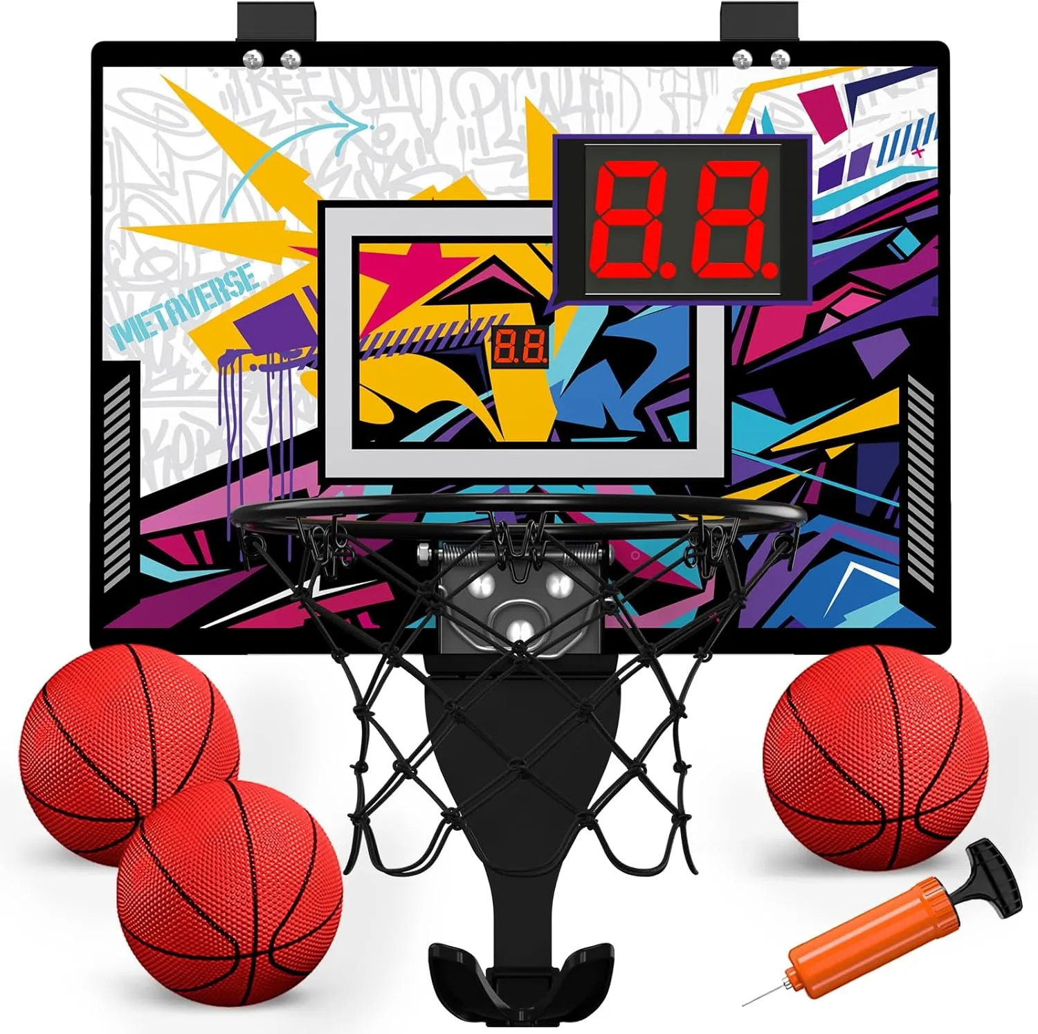 Mini Basketball Hoop Indoor, Over The Door Basketball Hoop with Scoreboard/Ball Stand/3 Balls, Basketball Toy Gifts for Kids Boys Girls Teens Adults, Suit for Bedroom/Office/Outdoor/Pool