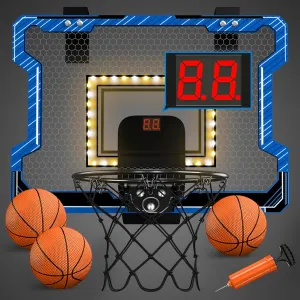 Mini Basketball Hoop Indoor with Scoreboard/LED Light, Glow in The Dark Door Basketball Hoop, Toy Gifts for Kids Boys Girls Teens Adults, Suit for Bedroom/Office/Outdoor/Pool, Blue