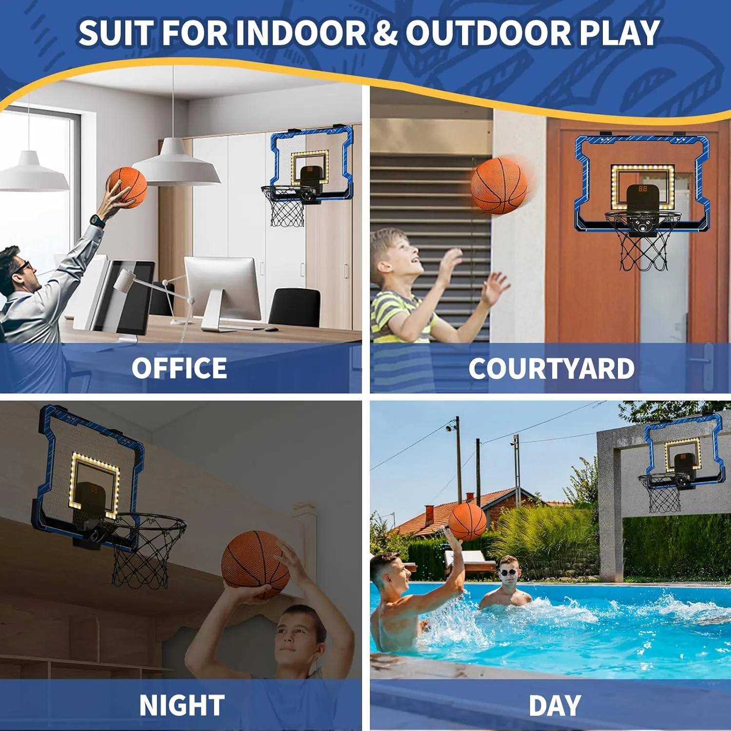 Mini Basketball Hoop Indoor with Scoreboard/LED Light, Glow in The Dark Door Basketball Hoop, Toy Gifts for Kids Boys Girls Teens Adults, Suit for Bedroom/Office/Outdoor/Pool, Blue