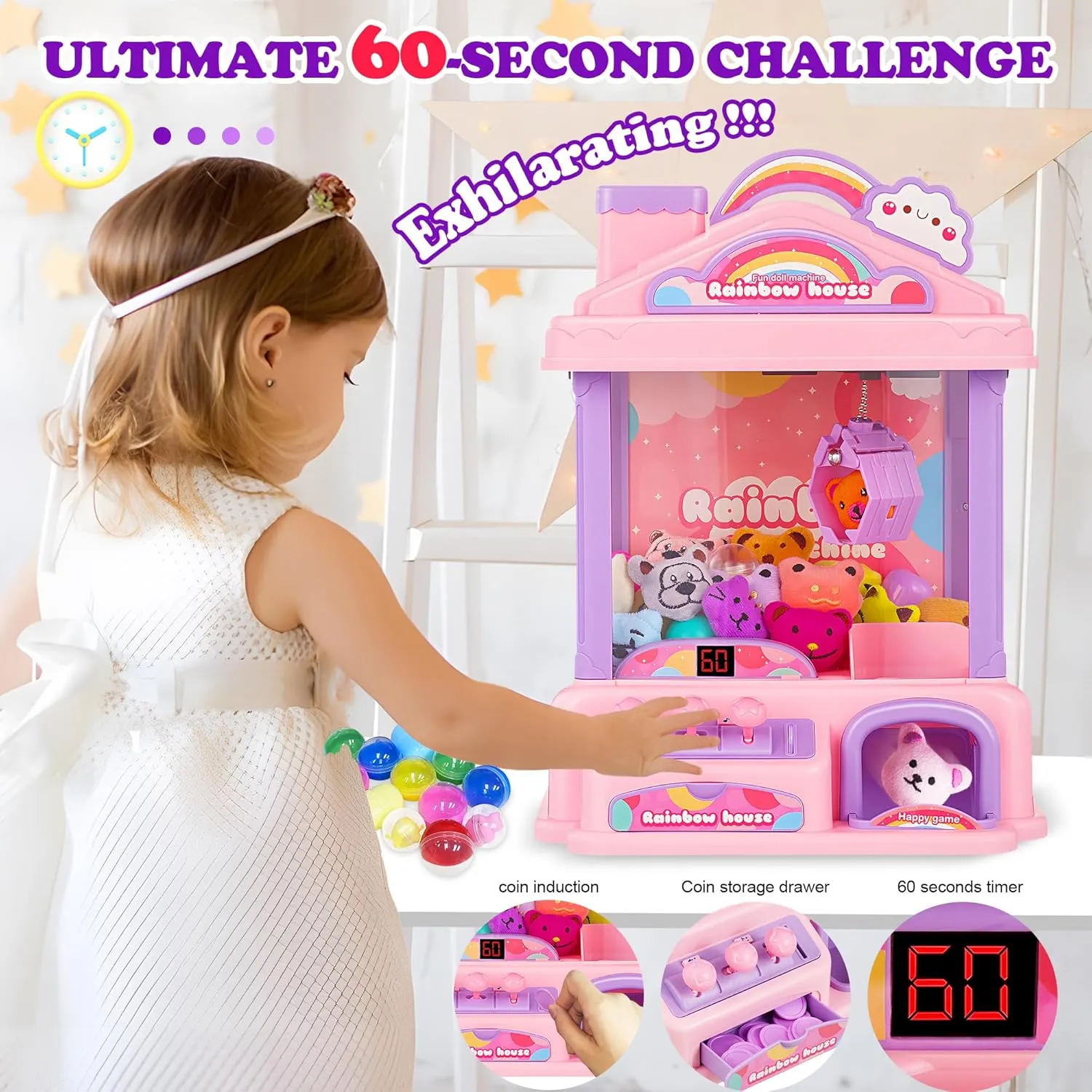 Mini Claw Machine for Kids | Girl Toys for Ages 8-13 Arcade Game Toy Claw Machine Electric Candy Vending Machine Toy with LED Lights & Adjustable Sound, Birthday Gifts for Girls Ages 4 , Pink