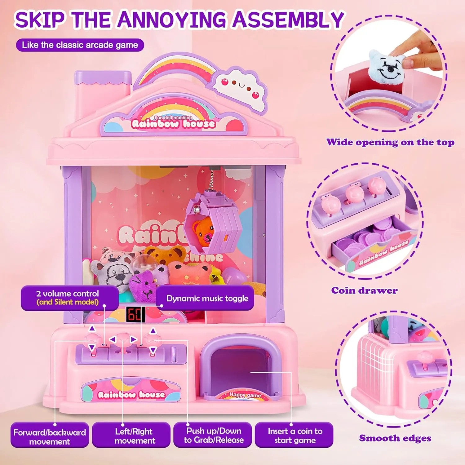 Mini Claw Machine for Kids | Girl Toys for Ages 8-13 Arcade Game Toy Claw Machine Electric Candy Vending Machine Toy with LED Lights & Adjustable Sound, Birthday Gifts for Girls Ages 4 , Pink
