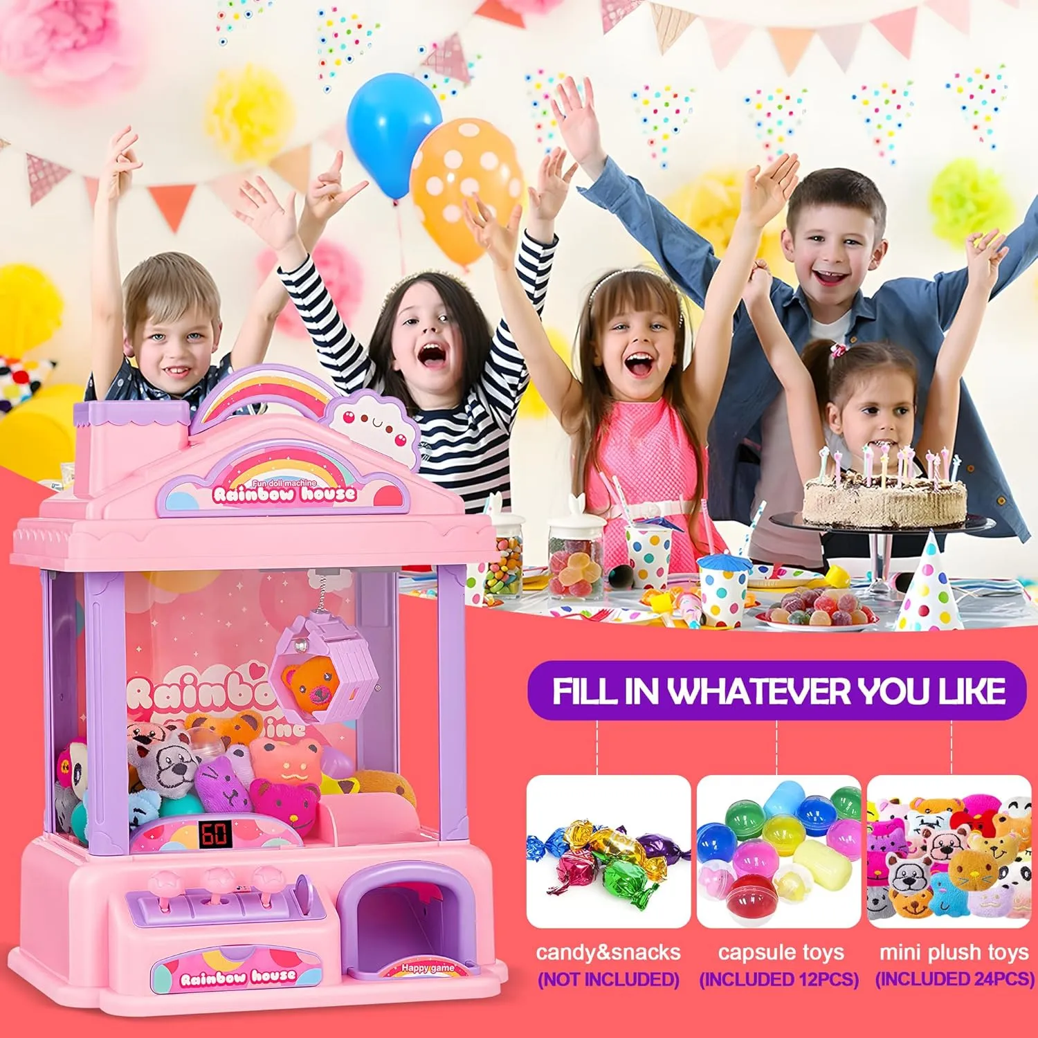 Mini Claw Machine for Kids | Girl Toys for Ages 8-13 Arcade Game Toy Claw Machine Electric Candy Vending Machine Toy with LED Lights & Adjustable Sound, Birthday Gifts for Girls Ages 4 , Pink
