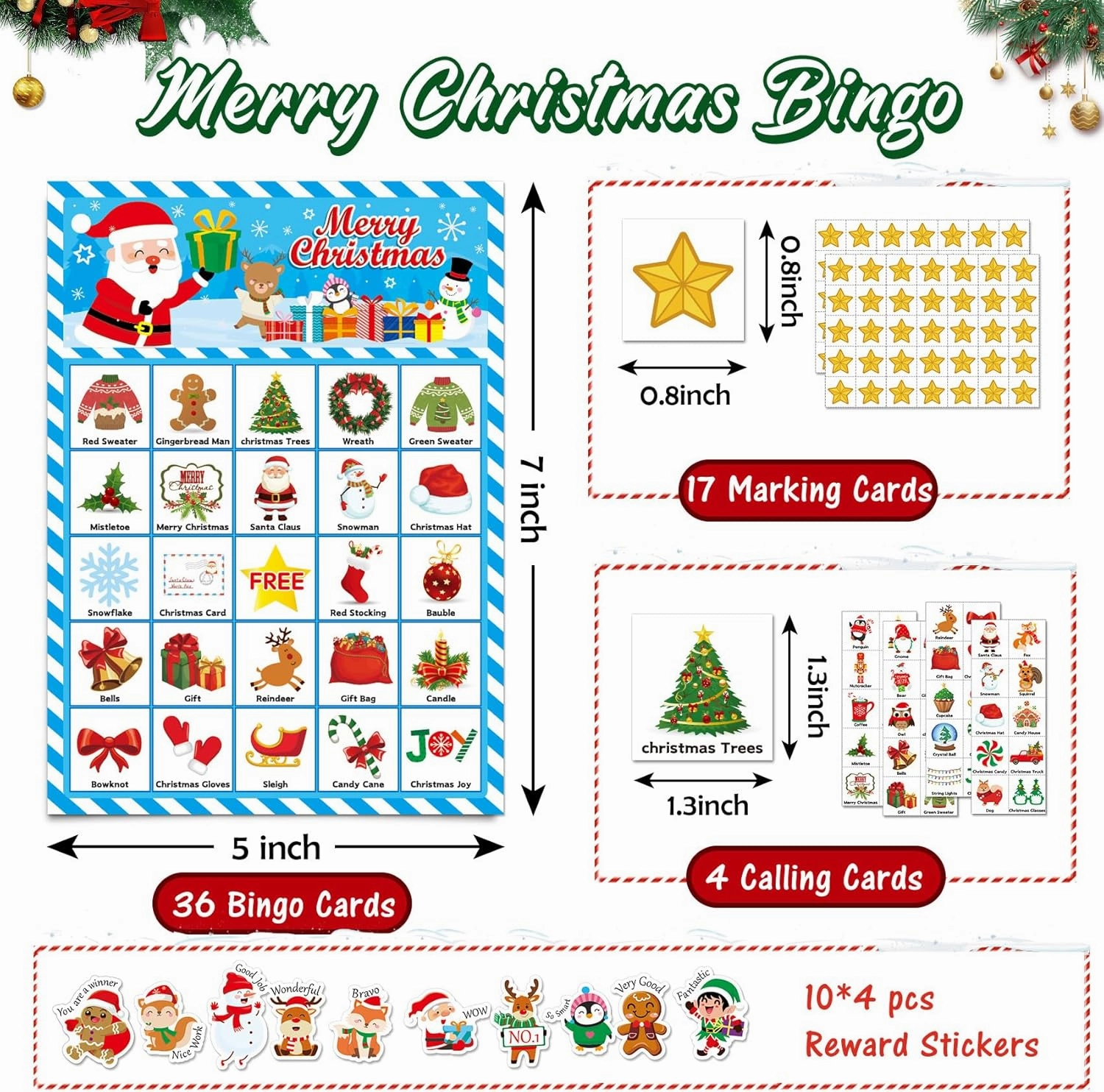MISS FANTASY Christmas Games for Family Party - 4 in 1 Christmas Bingo for Kids 36 Players Christmas Party Games for Kids Christmas Games for Family Party Christmas Favor Supplies for Kids Children