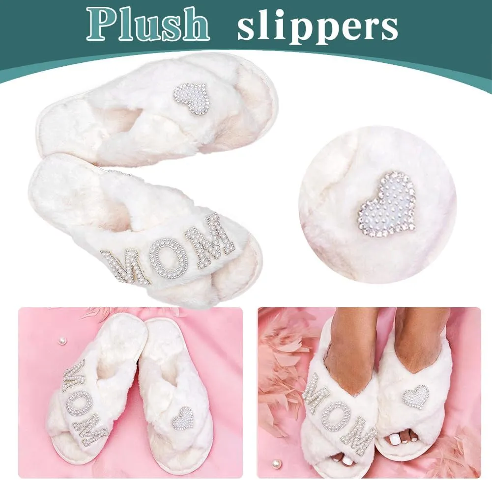 MOM Slippers for Women, Fuzzy Cross Slippers Open Toe House Shoes Gift for Women Mothers Day Plush Furry Warm Cozy