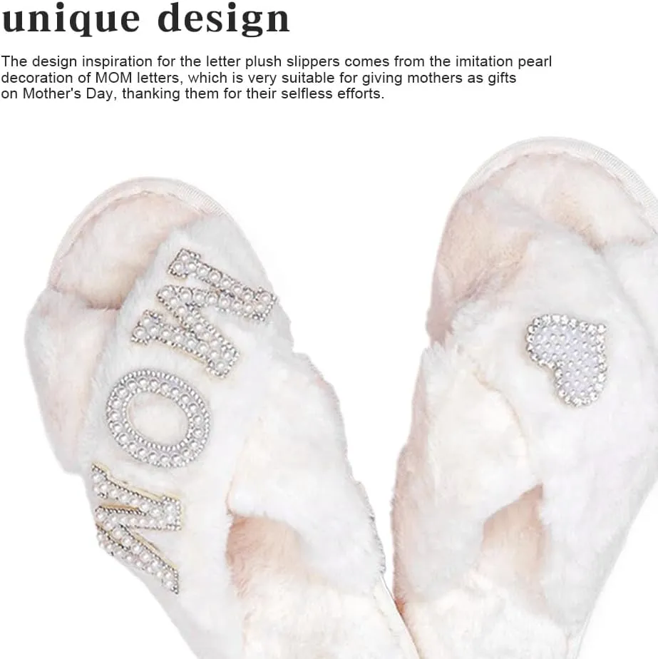 MOM Slippers for Women, Fuzzy Cross Slippers Open Toe House Shoes Gift for Women Mothers Day Plush Furry Warm Cozy