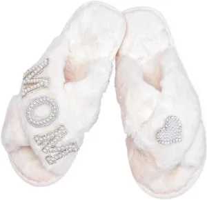 MOM Slippers for Women, Fuzzy Cross Slippers Open Toe House Shoes Gift for Women Mothers Day Plush Furry Warm Cozy