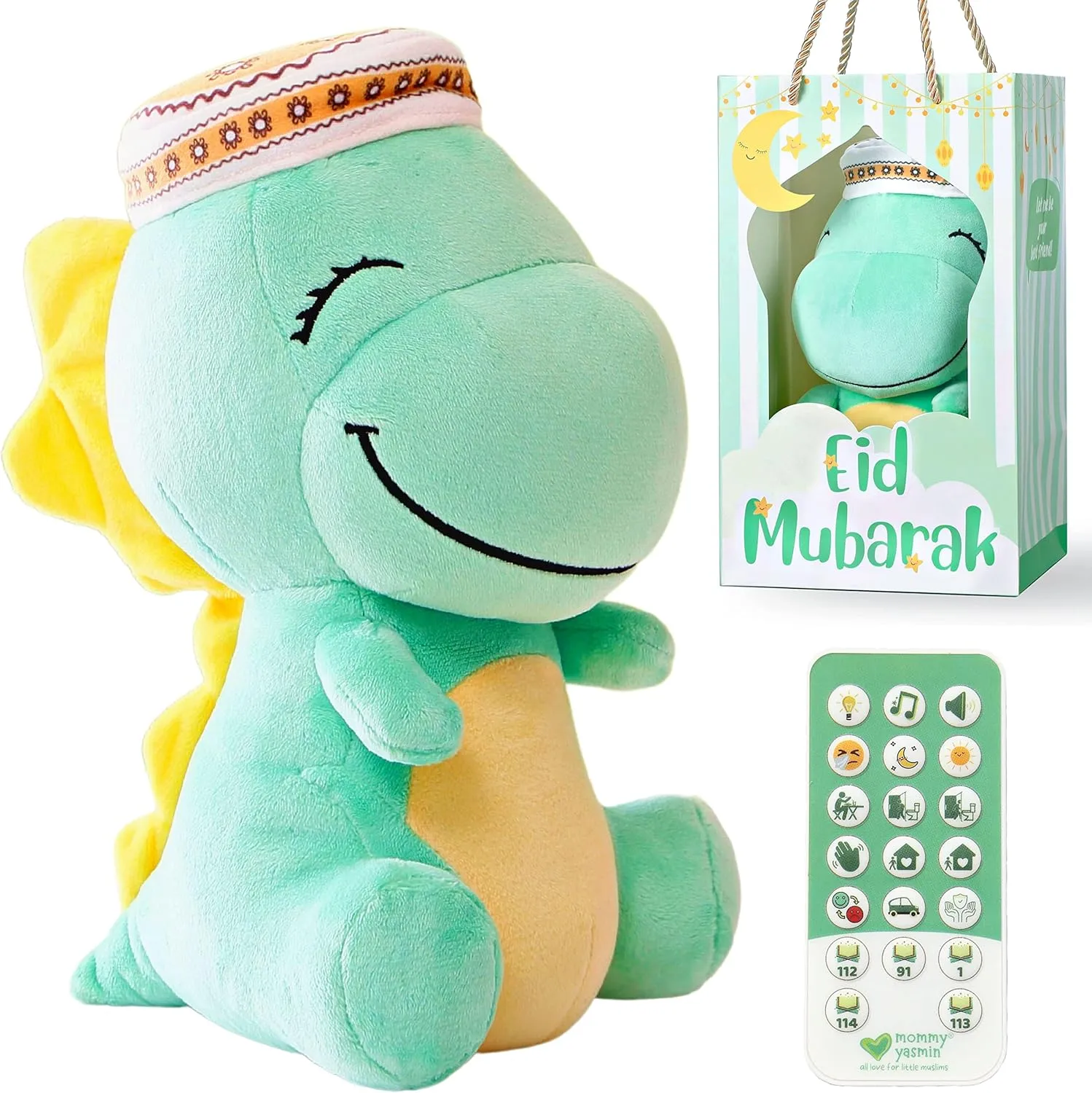 Mommy Yasmin - Soothe & Talking Kufi Dinosaur | Muslim & Islamic Toy | Eid Gift | Quran & Dua | Interactive   Relaxing | Remote | for Baby   Toddlers   Kids