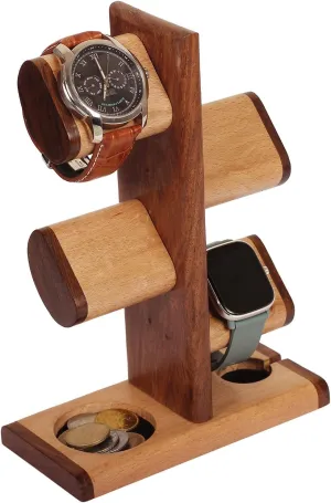 MOM's GIFTS ABHANDICRAFTS - Watch Stand 5 in One Multiple Watch Display Tower for men, Charging Station Jewelry Organizer for Rings, Coins, Gifts for MOM, DAD, Grandparents, assembly NOT required.