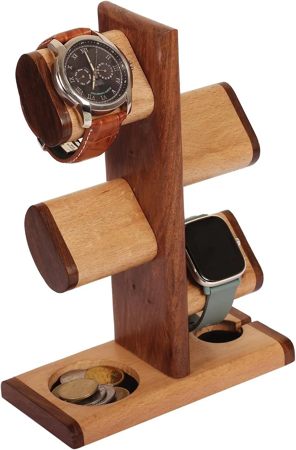 MOM's GIFTS ABHANDICRAFTS - Watch Stand 5 in One Multiple Watch Display Tower for men, Charging Station Jewelry Organizer for Rings, Coins, Gifts for MOM, DAD, Grandparents, assembly NOT required.