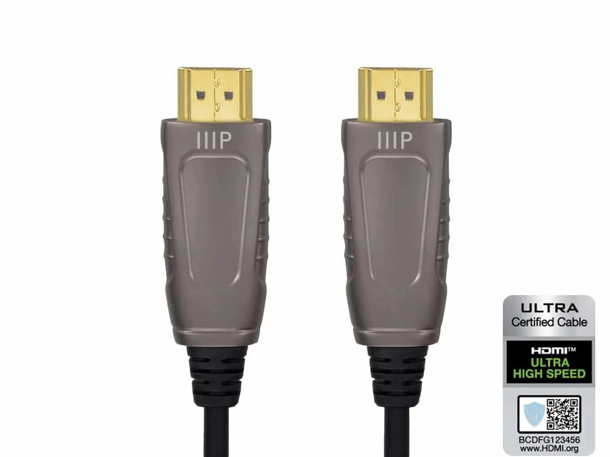 Monoprice 8K Ultra High Speed Fiber Optic Certified HDMI Cable - HDMI 2.1, 8K@60Hz, 4K@120Hz, 48Gbps, HDR, VRR, Active Optical Cable (AOC), CMP Plenum Rated, 32ft, Black
