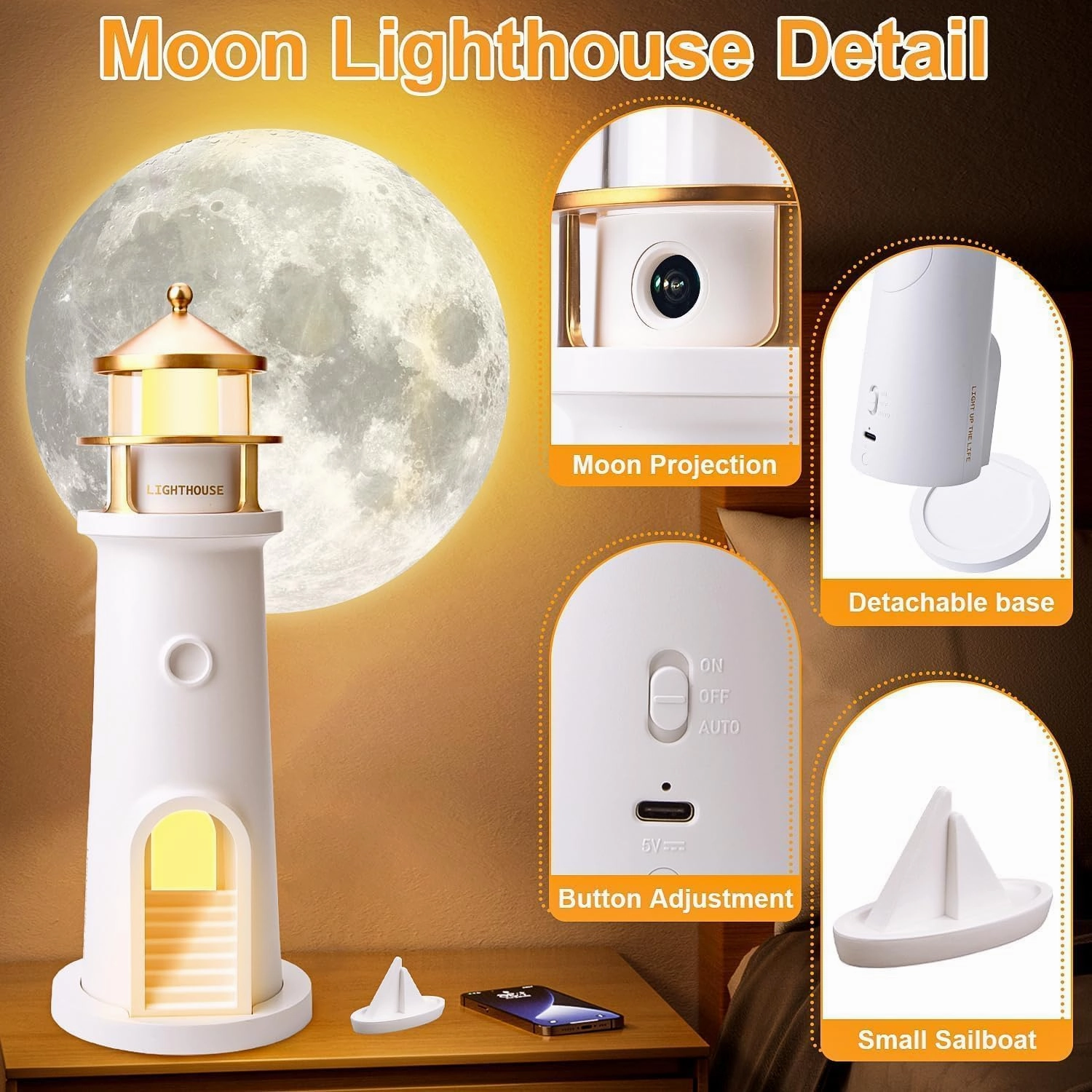 Moon Lighthouse Lamp, LED Moonlight Projector Lamp,Moon Projector Desk lamp with Remote Control,Children Starry Sky Night Light,Suitable for Bedroom, Living Room, Desk, Lighthouse Gift