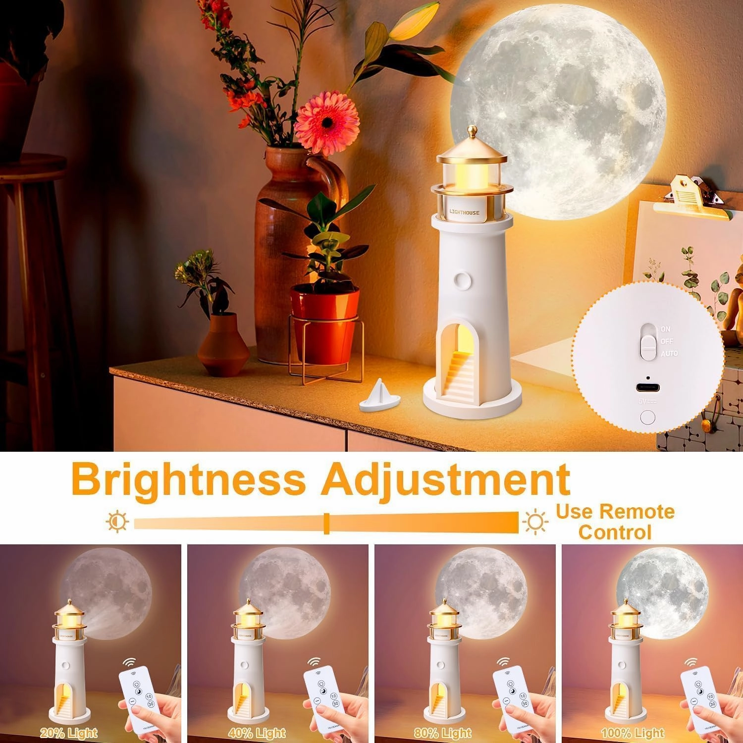 Moon Lighthouse Lamp, LED Moonlight Projector Lamp,Moon Projector Desk lamp with Remote Control,Children Starry Sky Night Light,Suitable for Bedroom, Living Room, Desk, Lighthouse Gift