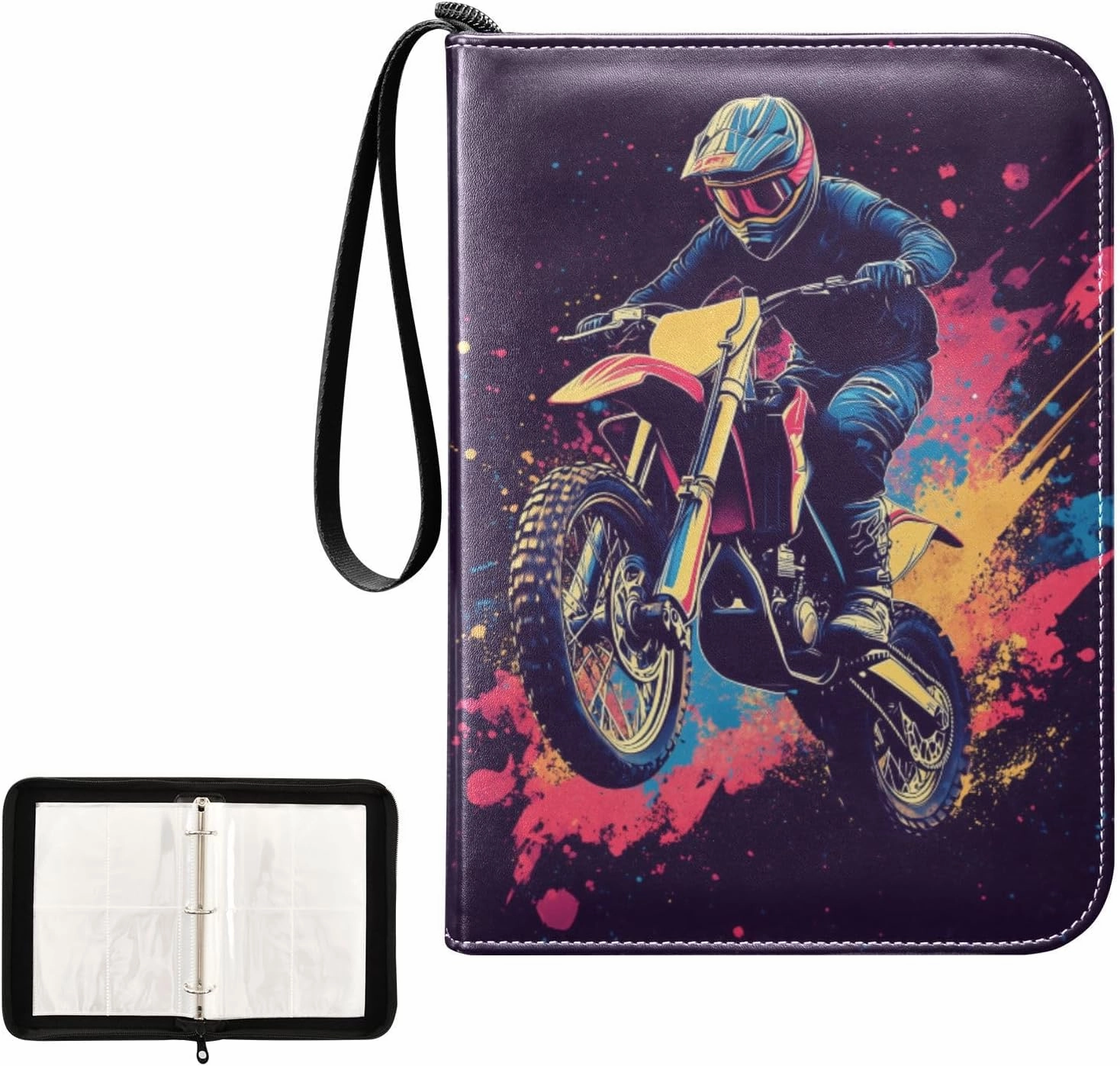 Motorcycle Rider Painting Card Binder 4 Pocket, Trading Card Holder Fits 400 Game Cards with 50 Removable Sleeves, MTG Card Case Standard Size