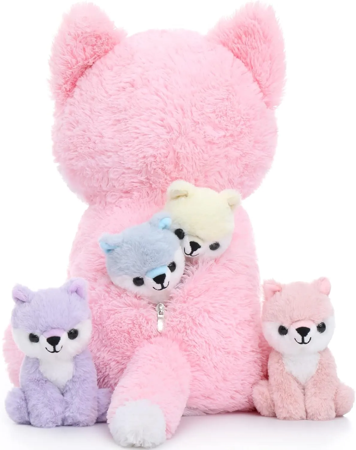 Muiteiur 5 Piece Fox Stuffed Animal Set, Soft Mommy Fox Plush Toy with 4 Cute Babies, Stuffed Animal for Girls and Boys, Gift for Kids, Pink 20inch