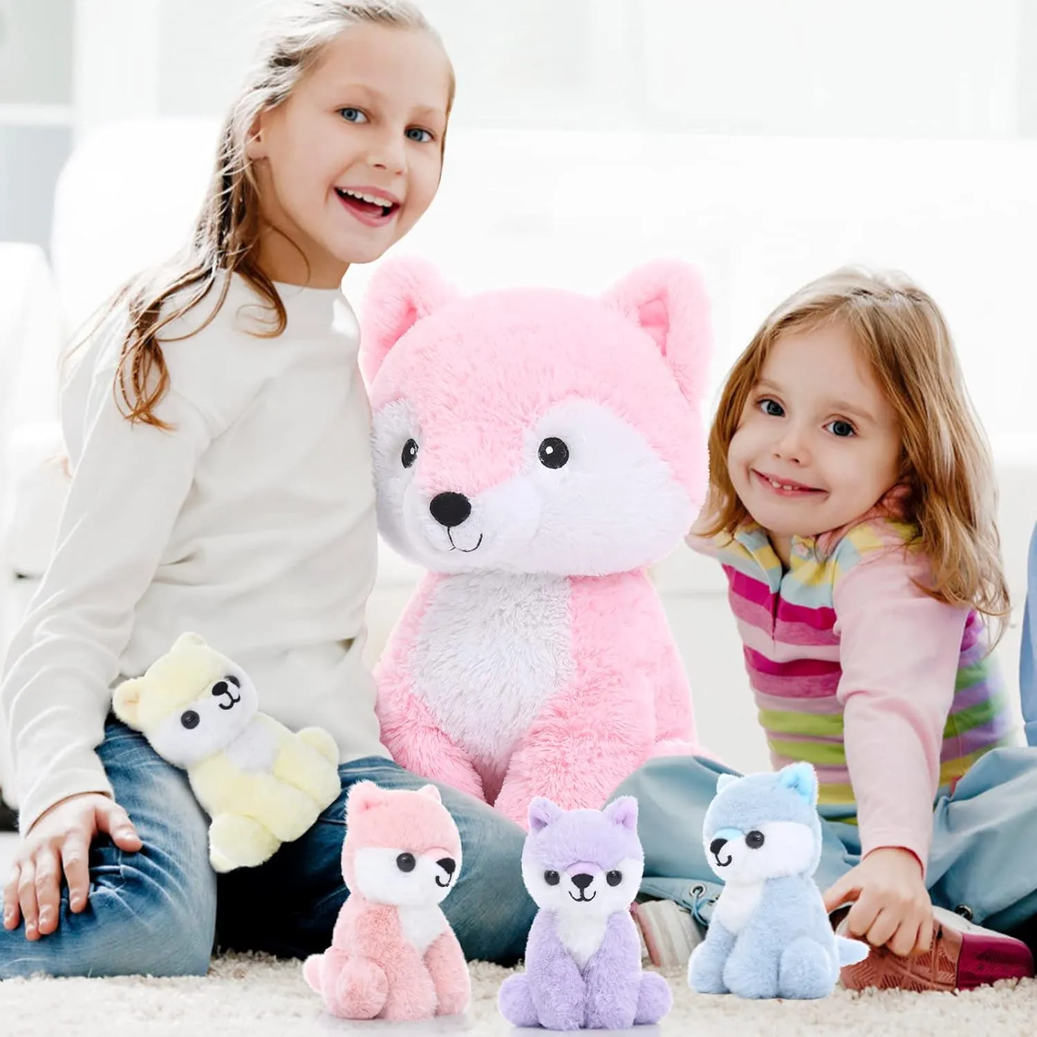 Muiteiur 5 Piece Fox Stuffed Animal Set, Soft Mommy Fox Plush Toy with 4 Cute Babies, Stuffed Animal for Girls and Boys, Gift for Kids, Pink 20inch