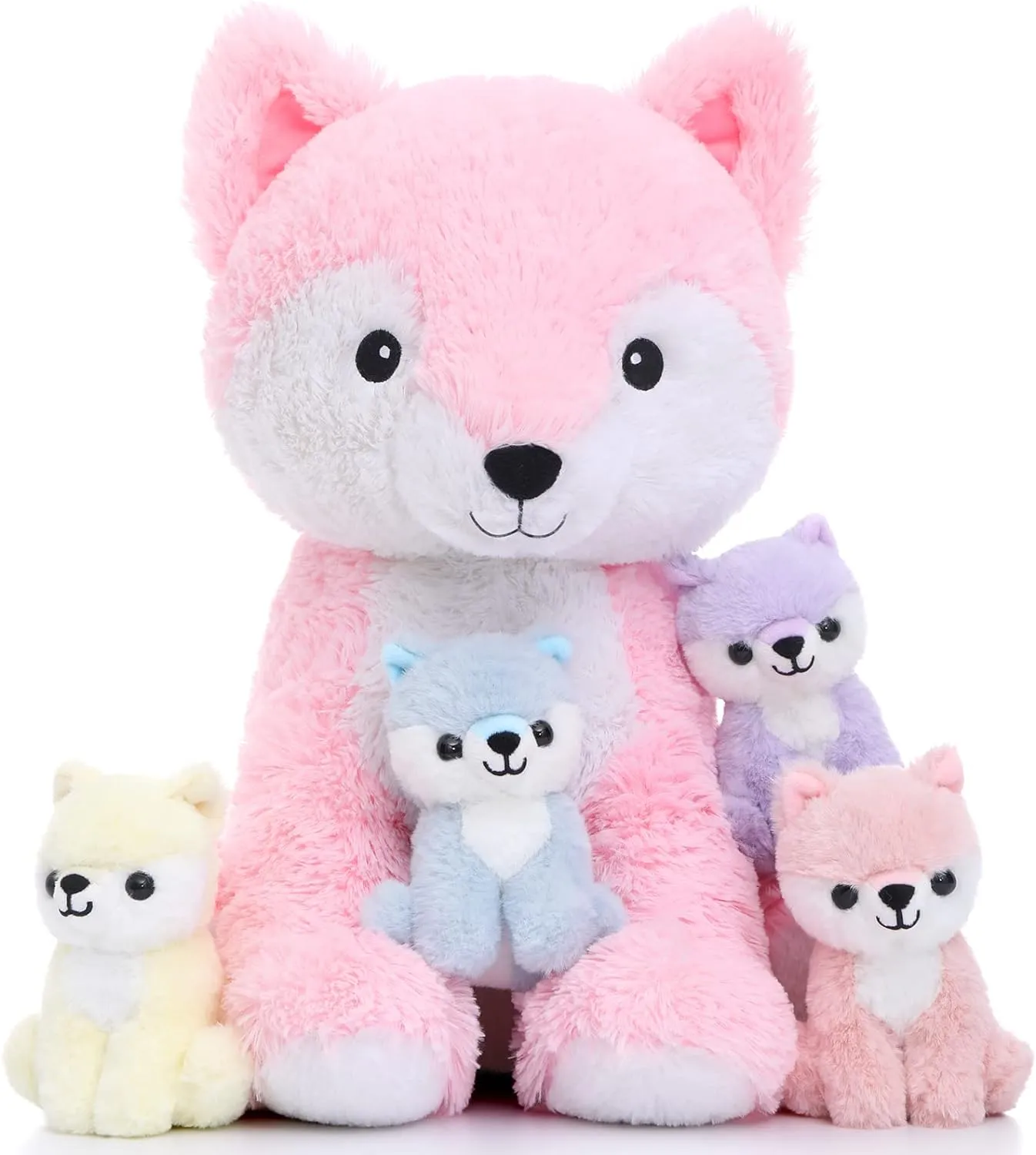 Muiteiur 5 Piece Fox Stuffed Animal Set, Soft Mommy Fox Plush Toy with 4 Cute Babies, Stuffed Animal for Girls and Boys, Gift for Kids, Pink 20inch